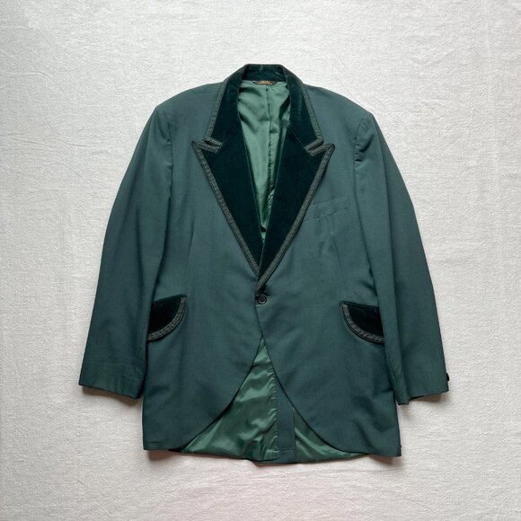 Vintage 60s 70s After Six Forest Green Velvet Trim Tuxedo Jacket Extra Large - Picture 3 of 8
